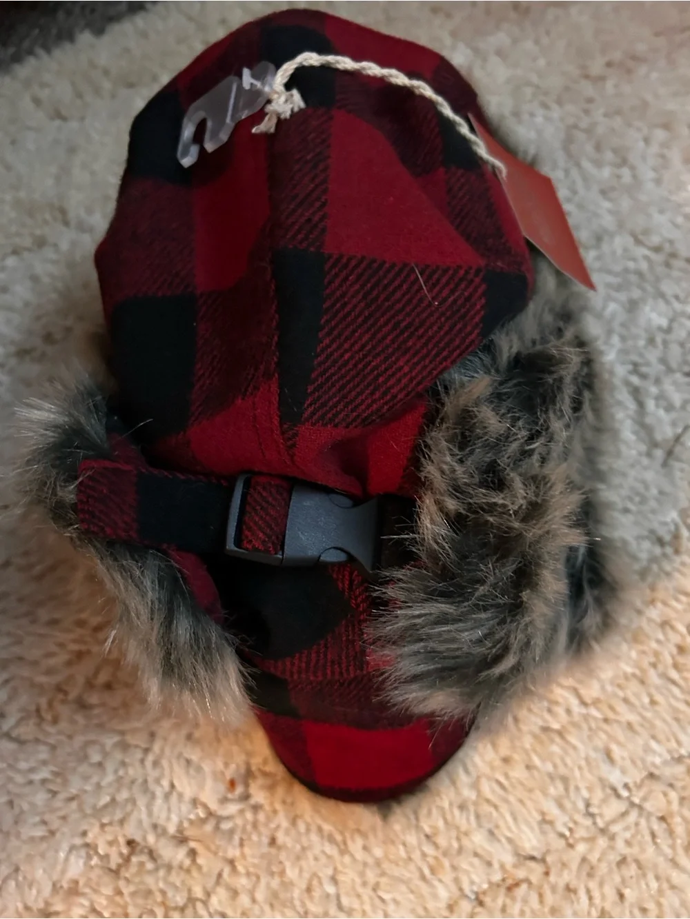 NWT- Mossimo Supply Co. Kid’s Red and Black Buffalo Plaid Faux Fur Trapper Hat